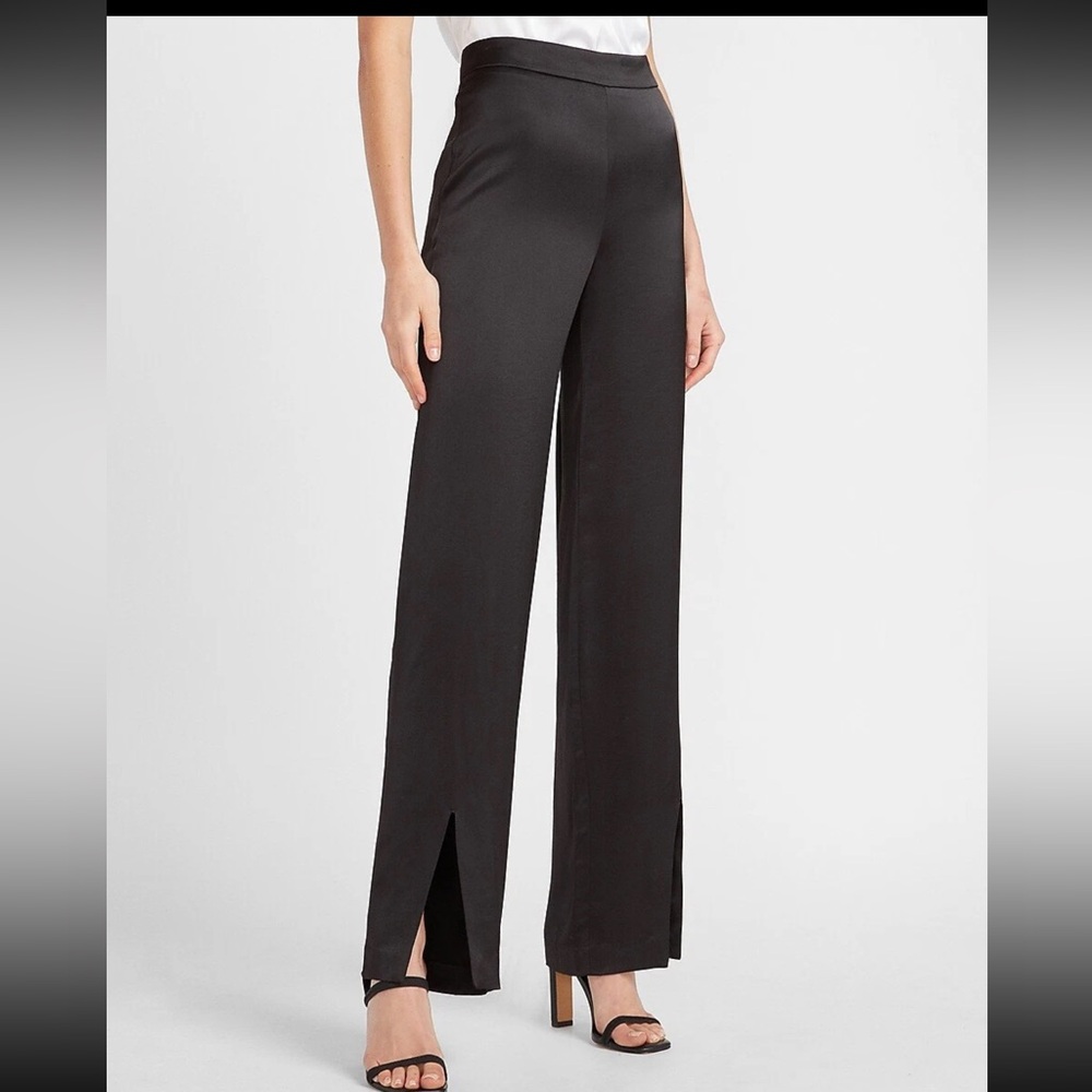 Express Black satin high waist straight front slit Pants Sz 14L